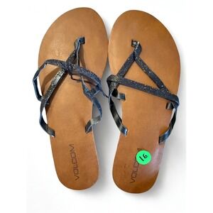 Volcom Womens Black Glitter Embellished Flat Sandals Sparkly Flip Flops Size 7